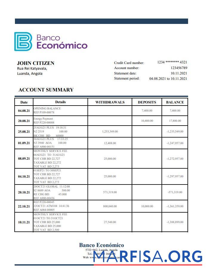Blank Angola Banco Ecenomico bank statement excel sample